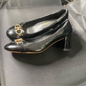 Salvatore Ferragamo Black Patent Leather Block Heel Pumps Gold Hardware size 7